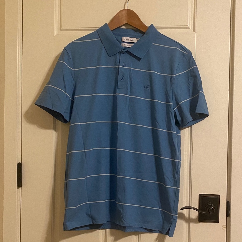NWOT Calvin Klein Light Blue Polo with White Horizontal Stripes